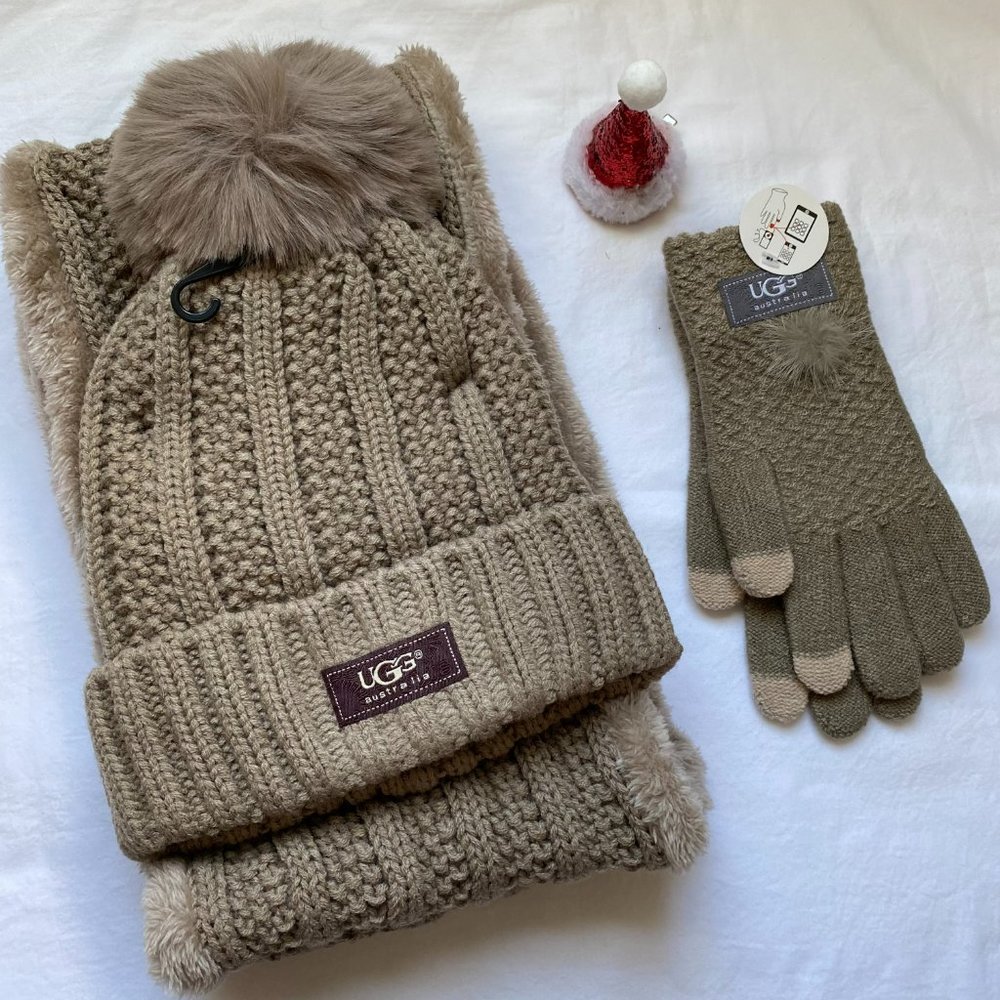 UGG Brown Hat, Infinity Scarf & Glove Set
